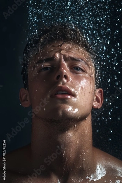 Fototapeta A man with a surprised expression as he is sprayed by water from above.