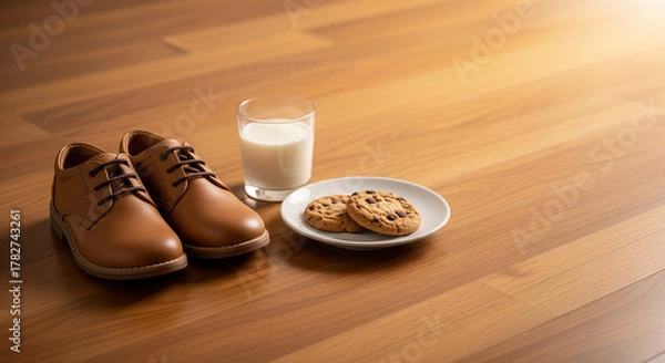 Fototapeta Conceptual Image: Shoes, milk, and cookies set out for the Three Kings' (Reyes Magos) arrival on Epiphany.