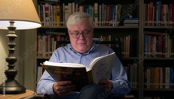 Fototapeta Elderly Man Reading a Book in a Cozy Library Setting With Warm Lighting