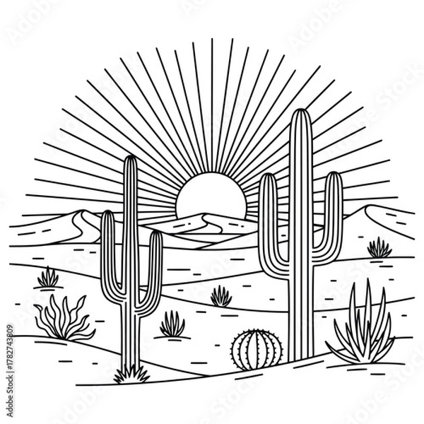 Fototapeta Desert landscape with saguaro cactus and sunburst at sunrise