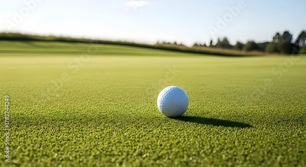 Fototapeta Golf ball resting on the green near hole ready for a putt