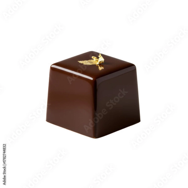 Fototapeta Perfectly formed gourmet dark chocolate cubical bonbon with gold leaf on white ceramic plate, isolated on transparent background with soft studio light, concept of luxury confectionery