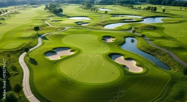 Fototapeta Aerial view of a meticulously designed green golf course landscape