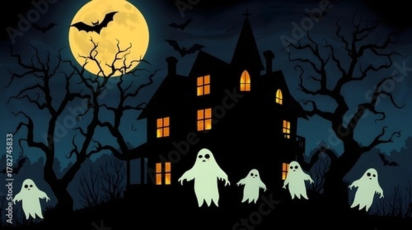 Obraz Halloween night haunted house and castle with spooky bats and pumpkins