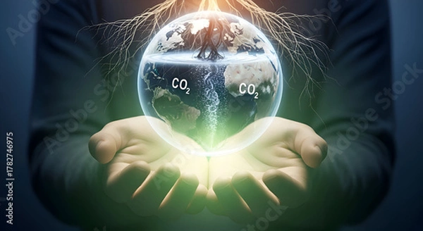 Obraz Transparent Earth with Roots in Hands and CO₂ to O₂ Bubbles