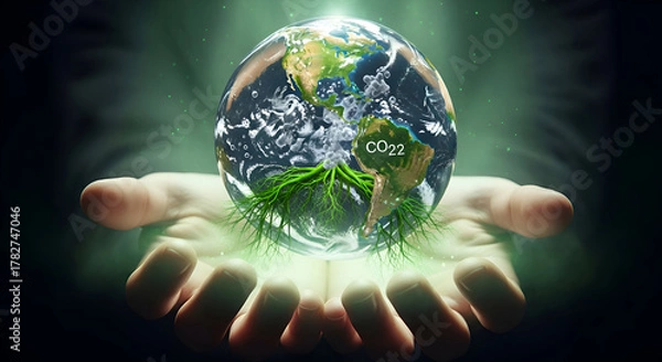 Obraz Transparent Earth with Roots in Hands and CO₂ to O₂ Bubbles