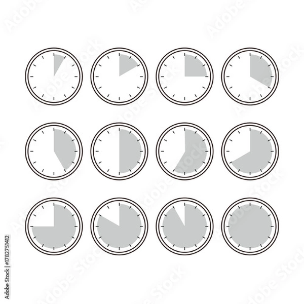 Obraz シンプルな時計の白黒アイコン素材セット