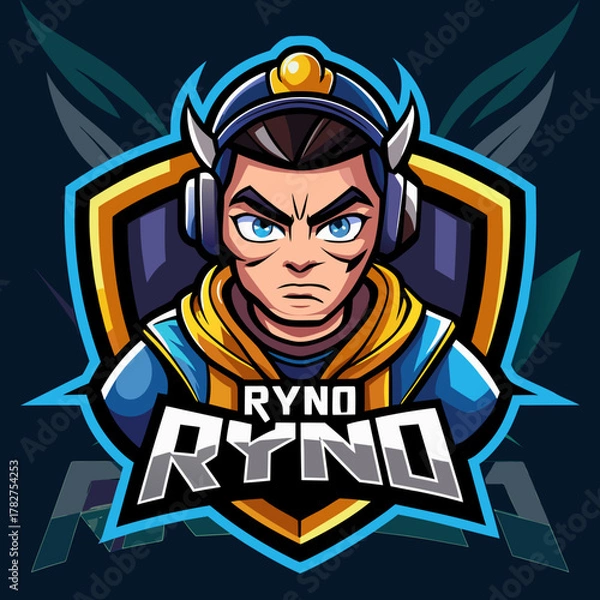 Fototapeta Esports logo with determined gamer character and bold text.