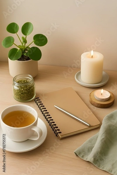 Fototapeta Calm minimalist home wellness setup with tea, candle, notebook and plant for relaxation and mindfulness