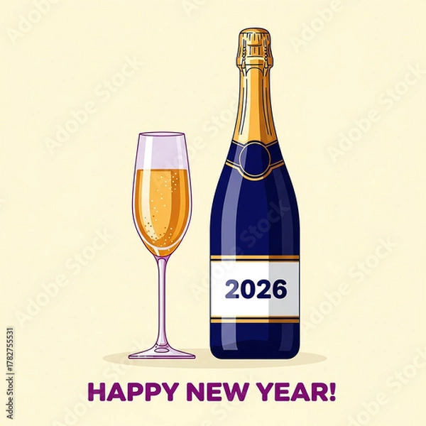 Obraz New Year's Toast: A celebration is captured with a flute of champagne and a bottle of wine. A timeless image to start New Year 2026.