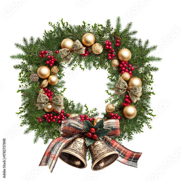 Obraz Christmas wreath with holly and fir on a transparent background
