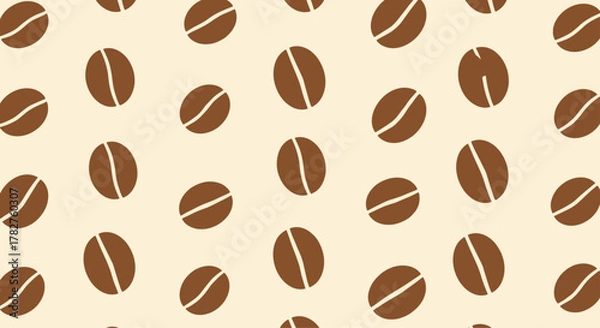 Fototapeta Simple and modern seamless pattern of brown coffee beans scattered across a light beige background, perfect for cafe decor.