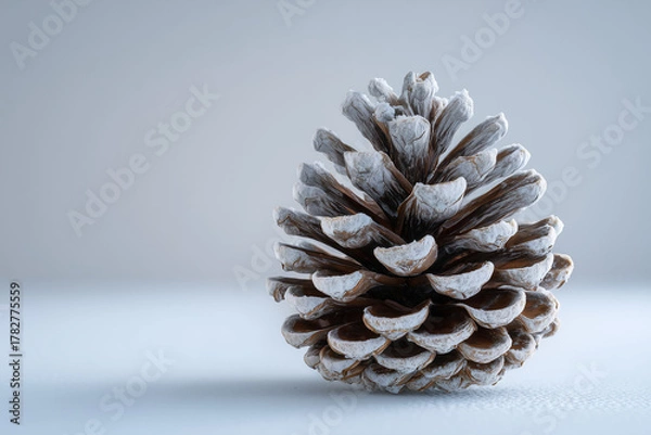 Fototapeta Single pinecone lightly dusted with snow on matte neutral backdrop