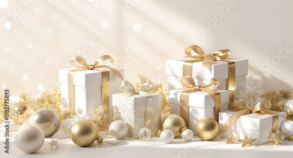 Obraz Luxurious Christmas composition with white gift boxes and golden ribbons surrounded by ornaments and soft light. Elegant festive background symbolizing celebration and winter holidays.