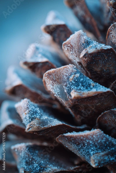 Fototapeta Macro pinecone scales with tiny frost crystals in bright diffused light
