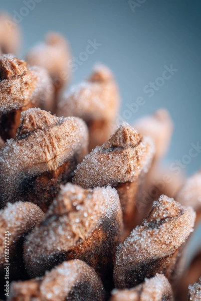 Fototapeta Macro pinecone scales with tiny frost crystals in bright diffused light