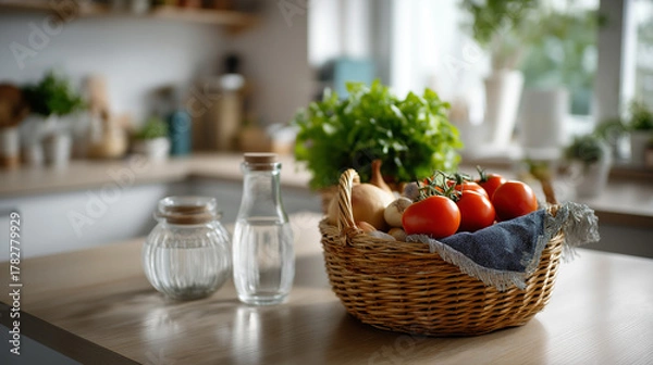 Fototapeta Defocused still life of a basket of organic produce and reusable glass containers, calm Scandinavian kitchen style, with copy space