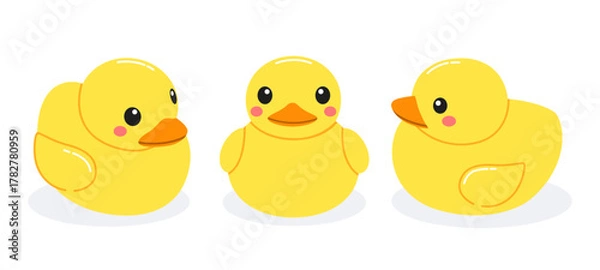 Obraz Cute yellow rubber duck in different angles. Cartoon children's bath toy.