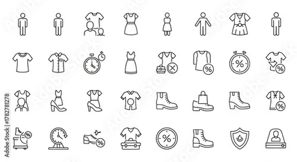 Fototapeta Collection of various clothing items and accessories outlined in a minimalist style. EPS Editable