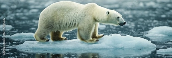 Obraz A single polar bear walking across the icy water