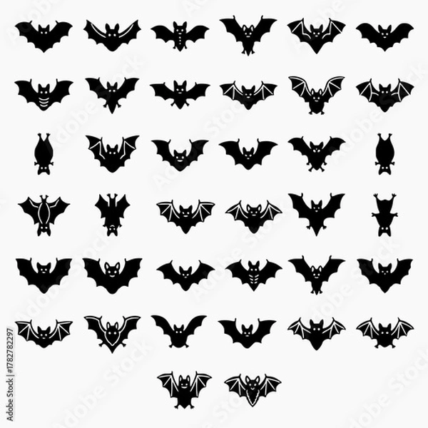 Fototapeta Set of flying bat silhouettes with different wing styles, spooky gothic animal icons for Halloween decoration, dark horror elements, 