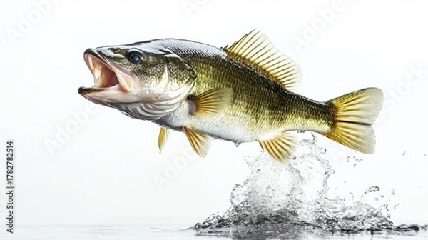 Obraz A fish is jumping out of the water. The fish is brown and has a yellow tail