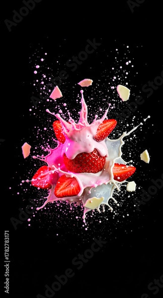 Fototapeta Fresh strawberries splashing in creamy yogurt, creating dynamic droplets and vibrant colors against a dark background, showcasing the essence of deliciousness and culinary artistry