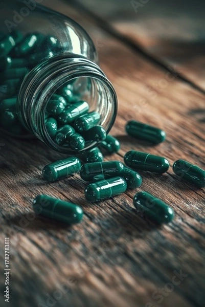 Fototapeta A bottle of pills is open and scattered on a wooden table. The pills are green and appear to be pills for a health supplement