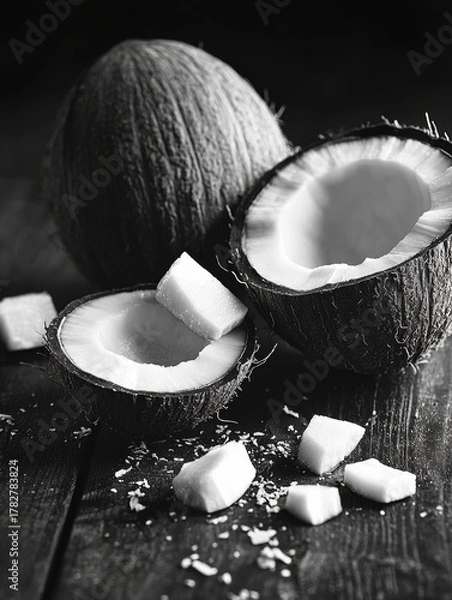 Obraz A selection of fresh coconut pieces on a wooden surface.