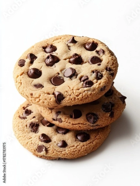 Obraz A stack of five golden-brown chocolate chip cookies on a white surface with soft shadows. Perfect for bakery or snack advertisement.