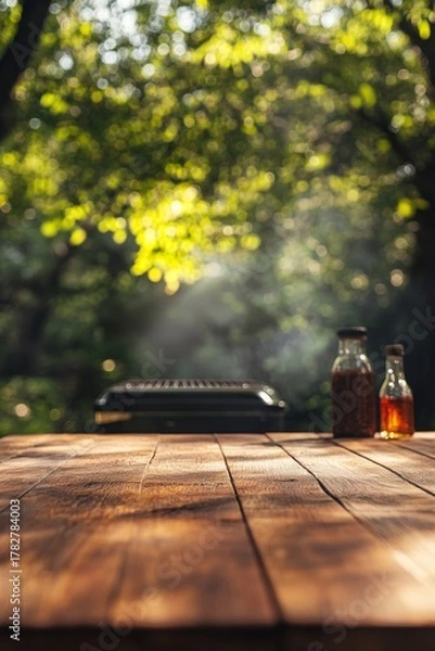 Fototapeta A rustic wooden table with a grill and bottles of barbecue sauce set against the backdrop of a beautiful day.