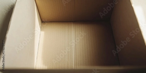 Obraz A simple brown shipping box with no contents resting on a light-colored surface