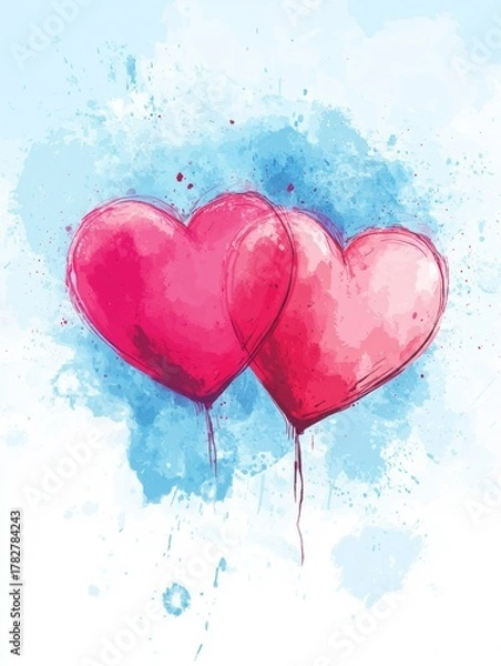 Fototapeta Illustration of two red hearts in balloons with blue and pink splashes for a cheerful, love-themed design.