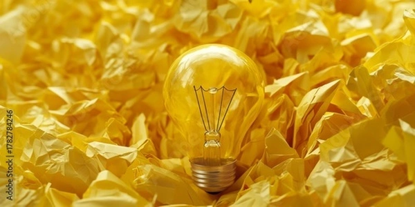 Obraz Old-fashioned lightbulb shining bright against golden scrapbooking paper