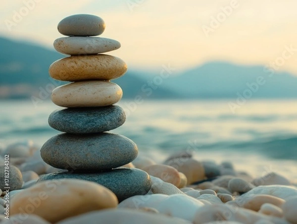 Obraz A pyramid-like stack of multicolored pebbles sits in the foreground against a picturesque backdrop featuring an expansive body of water and distant mountains.