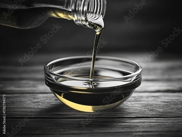 Obraz Single drop of oil dripping onto surface of small glass cup placed on dark wooden surface.