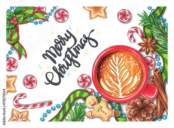 Fototapeta Hand-drawn Christmas Decorations with text 