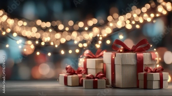 Fototapeta A stack of presents with red ribbons on top