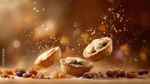 Fototapeta Three pies are on a table with a lot of crumbs