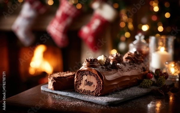 Fototapeta A chocolate cake is sitting on a table next to a fireplace