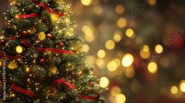 Fototapeta A Christmas tree with red ribbon and lights