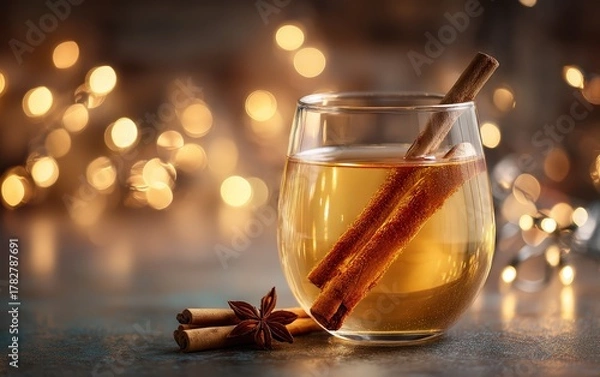 Fototapeta A glass of liquid with cinnamon sticks in it