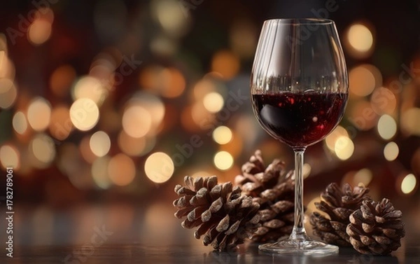 Fototapeta A glass of red wine is on a table with pine cones