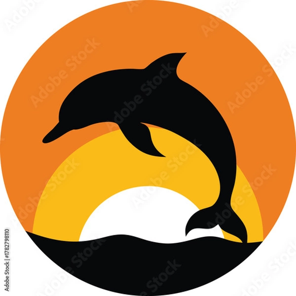 Fototapeta Silhouette of a dolphin jumping over waves at sunset isolated on white background isolated on transparent background