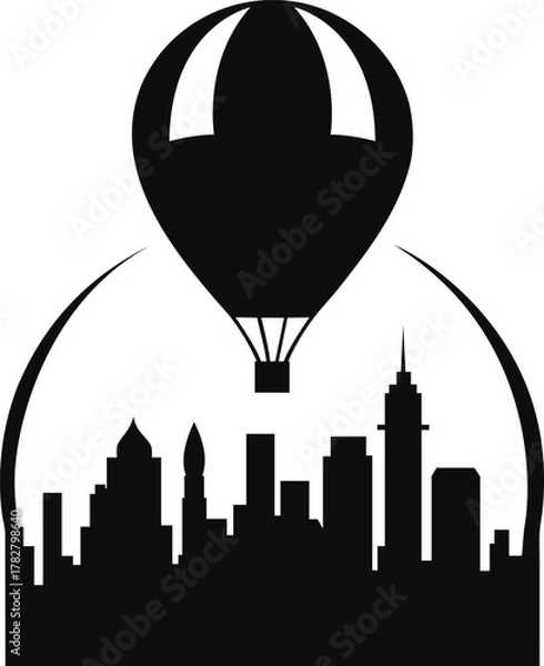 Obraz Hot air balloon over city skyline silhouette isolated on white background isolated on transparent background