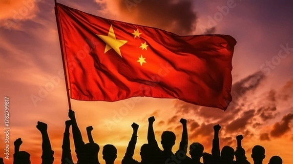 Fototapeta Chinese flag waving with silhouette of people with fists up.
