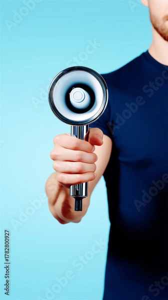 Obraz Close-up of man holding megaphone on blue background, symbol of leadership, motivation and public communication.