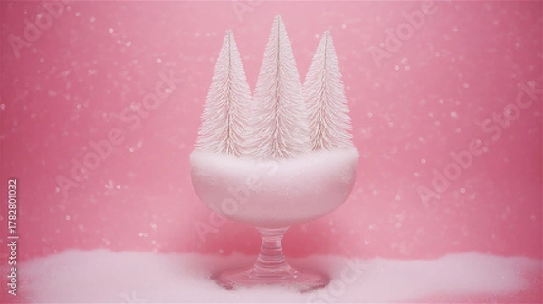 Obraz Minimalist white Christmas trees in pink background, concept of modern holiday design, celebration and winter season with copy space.