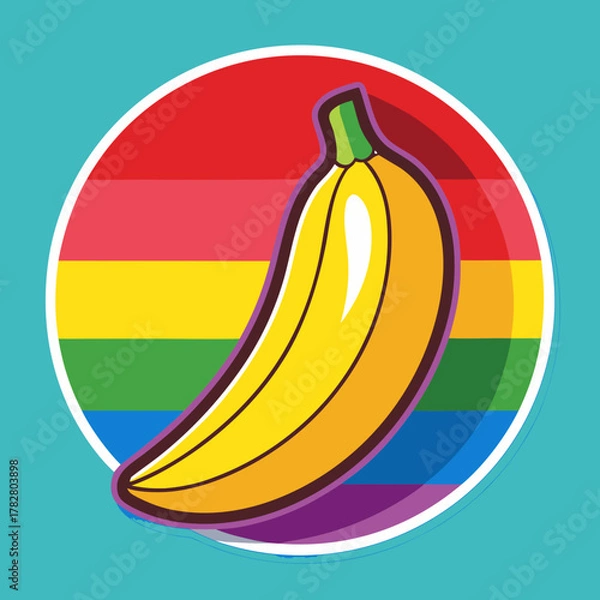 Fototapeta A stylized yellow banana with a purple outline is centered on a circular rainbow flag background against a teal backdrop.