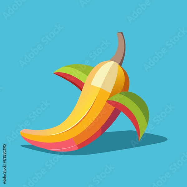 Fototapeta A modern, flat illustration of a partially peeled banana with bold, segmented colors and a distinct shadow against a solid blue backdrop.